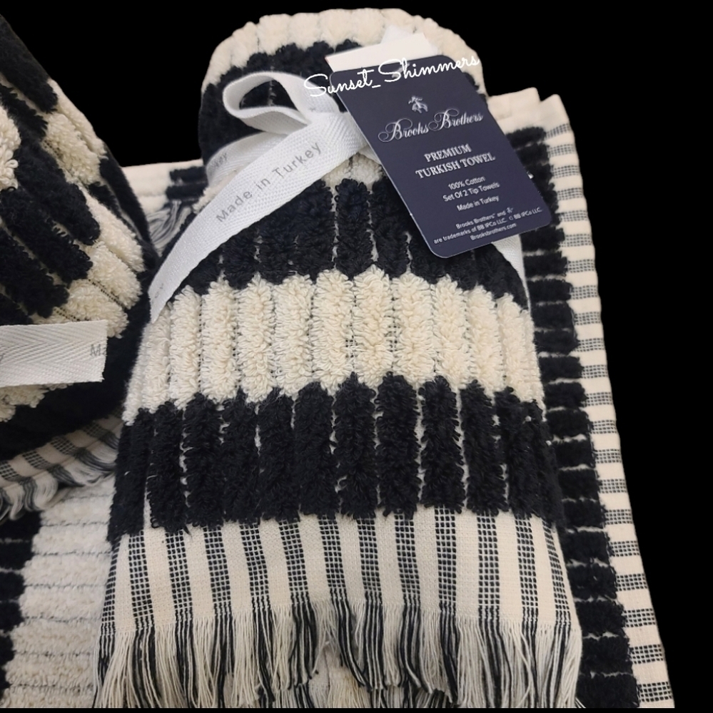 6pc BROOKS BROTHERS Black & Cream Mosaic Tile THICK PLUSH TURKISH Towel Set New - Picture 3 of 7